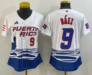 Women%27s Puerto Rico Baseball #9 Javier Baez Number White 2023 World Baseball Classic Stitched Jersey